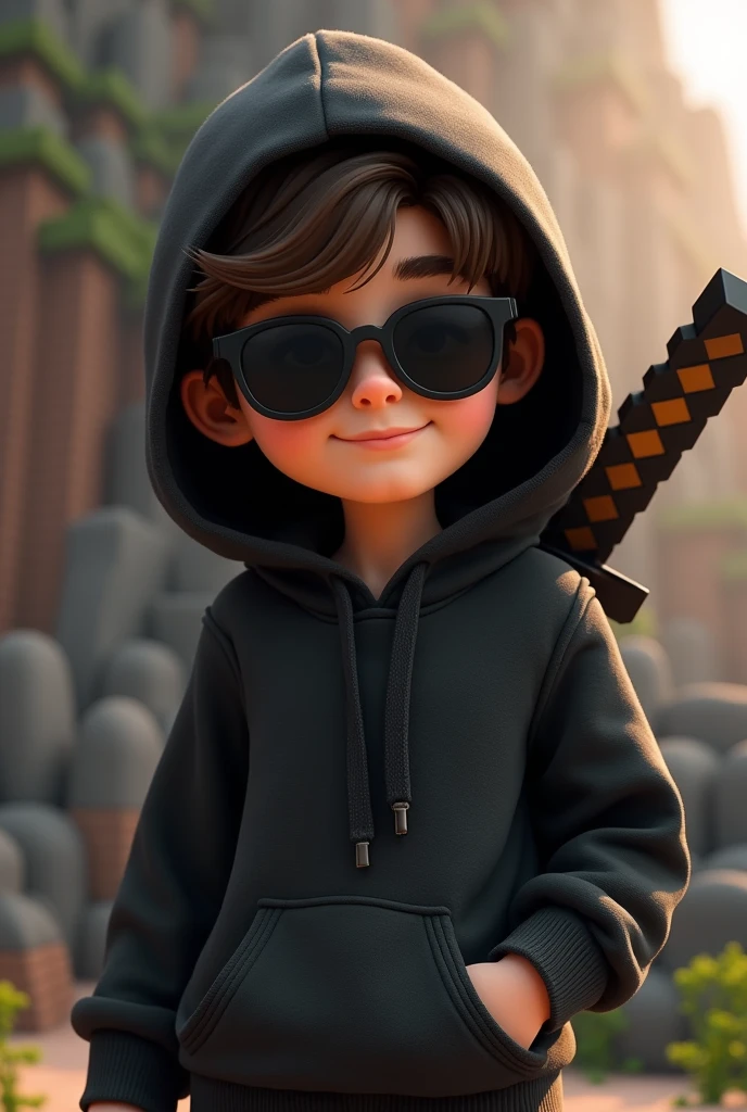 Make a realistic cartoon character with ( black hoddie) wearing crown round black shade glasses & holding katana in back with smiling (in Minecraft version)