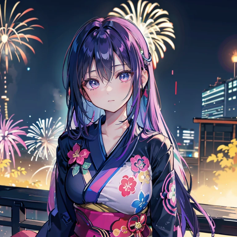 A townscape that combines the retro neon colors of the 80s with the worldview of cyberpunk。Please draw a beautiful girl character。Characters、sitting and looking at the sky。Illuminated by the vibrant lights of fireworks。Her outfit features a yukata kimono with shiny retro materials and disco-inspired designs.、Cyber Accessories（for example、Digital headsets and gloves）I have attached。In the background、Lots of fireworks。Summer in Japan。Nostalgic and futuristic。