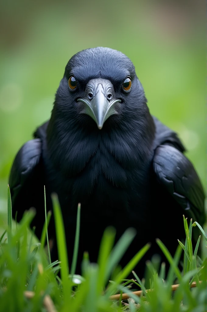 realistic crow laying up, headshot angle, laying on flattened grass