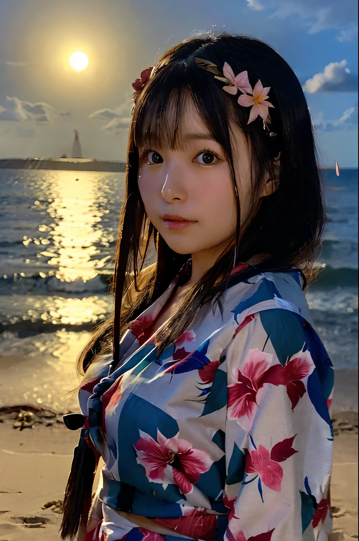 the light of the full moon.Woman standing on the beach at night、I look lonely、Long black hair、hawaiian clothes、She is wearing a hibiscus hair accessory、