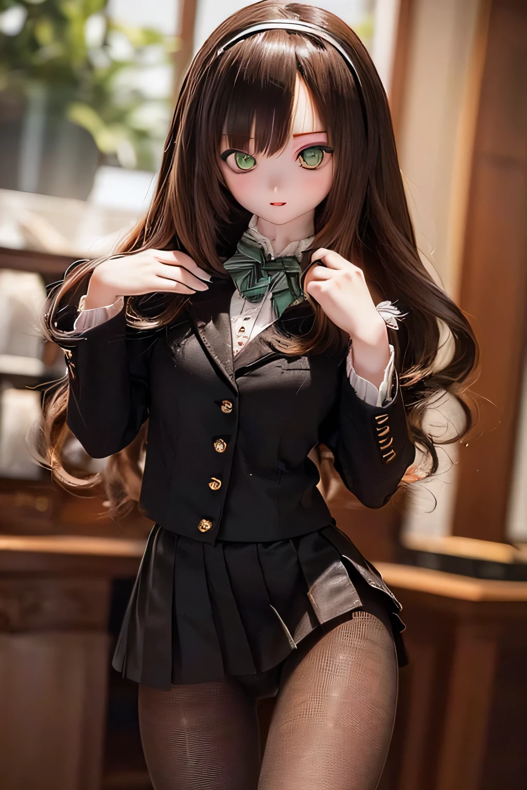 (SFW:2), photorealistic, realistic photo, 8k, ((highest quality)), ((masterpiece)), (extremely detailed), kukolnydom, doll, (mature woman, 21yo, 21 years old, solo:1.6), ((cowboy shot, contrapposto, slim, slender, skinny, medium breasts, hairband, ascot, vest, blouse, long puff sleeves, pleated skirt, black pantyhose)), (green eyes, brown hair, long hair, plastic skin, looking at another, glass eyes, gradient eyes, shining eyes, detailed eyes:1.3)