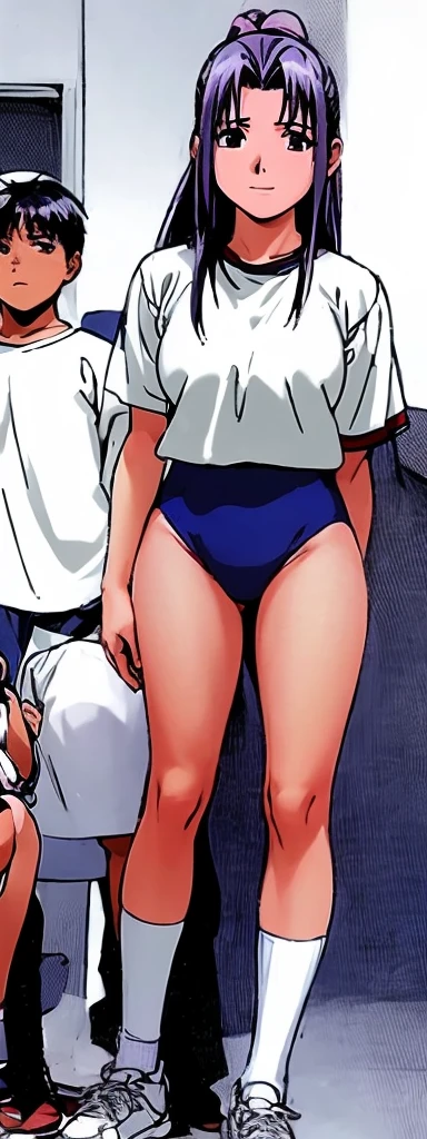 Momoko Koigakubo, with her beautiful legs, stands in a white gym uniform and light navy blue bloomers that look like panties.。Momo Koiga窪 is holding a young child.。