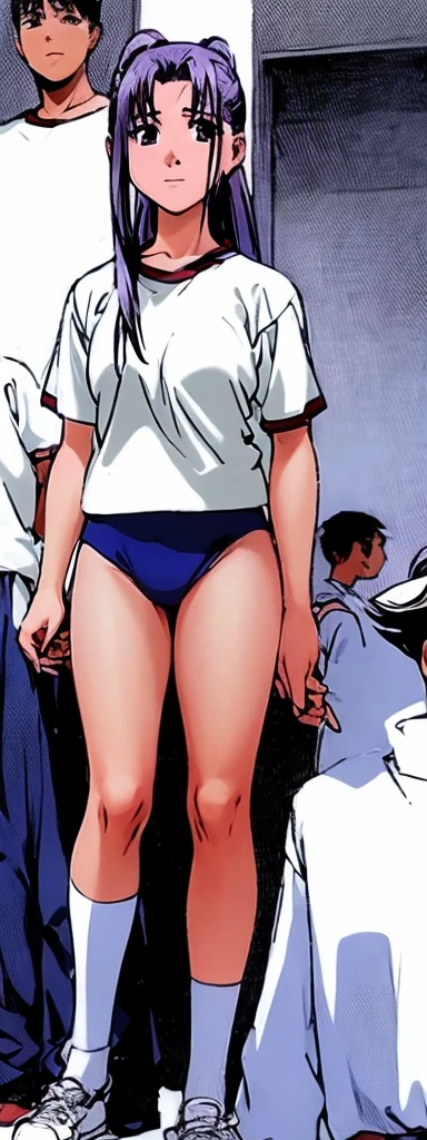 Momoko Koigakubo, with her beautiful legs, stands in a white gym uniform and light navy blue bloomers that look like panties.。Momo Koiga窪 is holding a young child.。