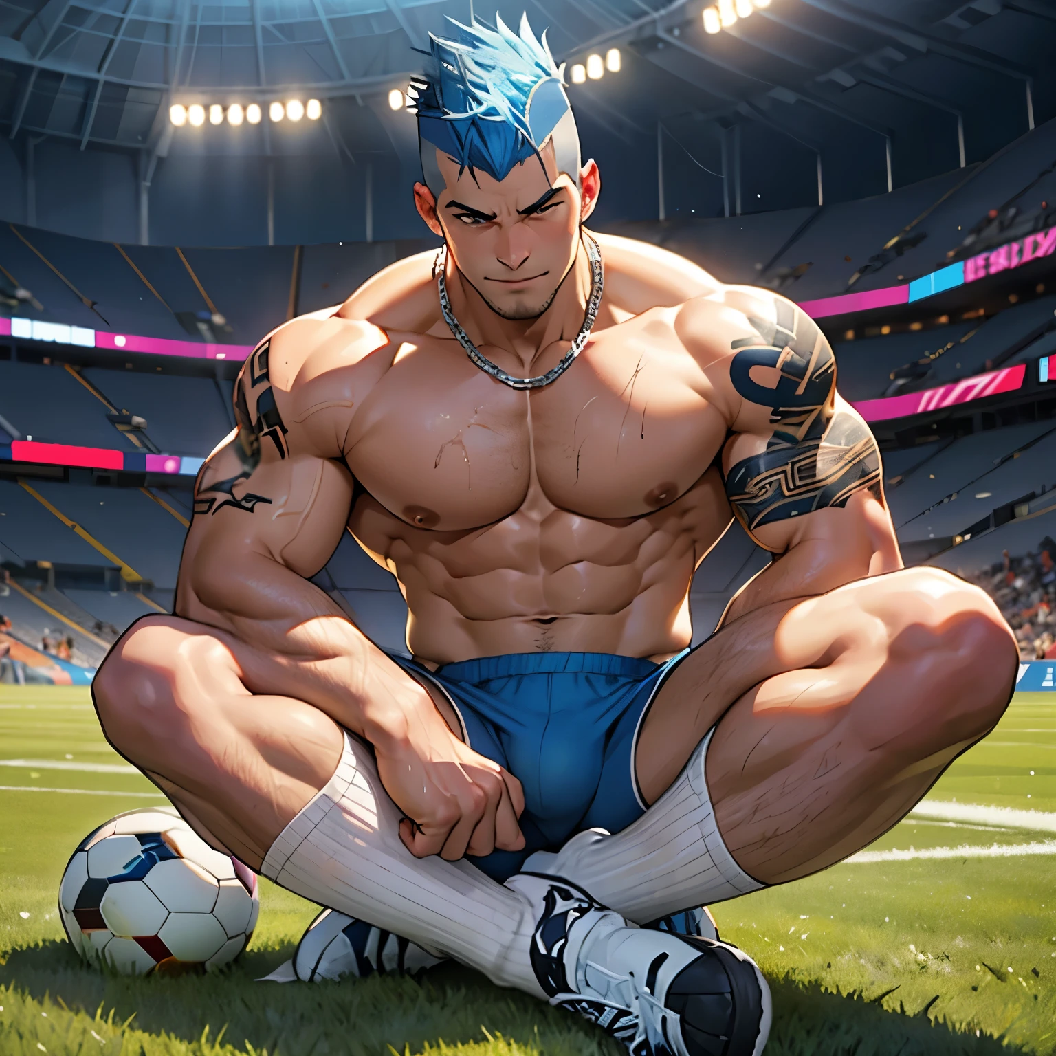full body view, one young bodybuilded white soccer guy with blue mohawk haircut and shaved around, shirtless, showing off his disproportionately over-inflated pecs and biceps, in blue shiny spandex shorts showing off massive muscled legs , in white filthy stained soccer socks , no shoes, tattooed, silver chains, sitting alone in his white filthy socks on football field, looking happy and exhausted, a stadium full of jubilant spectators, his white socks must be seen