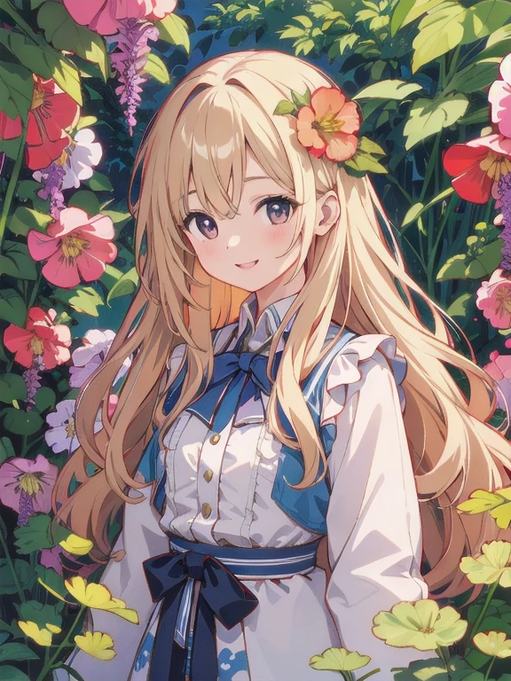 （masterpiece、Highest quality、Ultra-high resolution、Ultra-realistic artwork、Complex, detailed and realistic materials and textures、light source、Perfect anatomical depiction of the human body）、A girl who still has a childish look.、Long wavy blonde hair、smile、garden、Hollyhocks