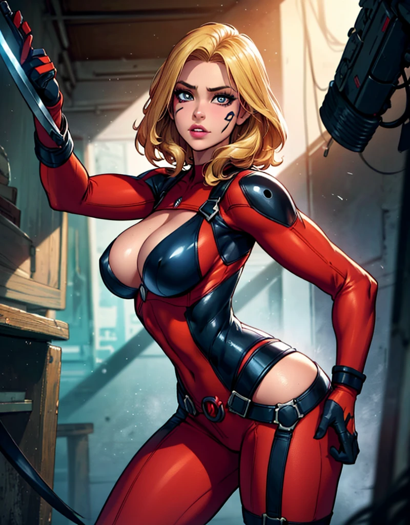 realistic portrait of a sexy and busty female superhero character in the style of Deadpool, with blonde hair, wearing a tight costume, holding swords, striking an alluring and confident pose, with a large, shapely backside, (best quality,4k,8k,highres,masterpiece:1.2),ultra-detailed,(realistic,photorealistic,photo-realistic:1.37),extremely detailed facial features,beautiful detailed eyes,beautiful detailed lips,extremely detailed eyes and face,longeyelashes,intricate costume details,dynamic lighting,dramatic shadows,vibrant colors,cinematic composition