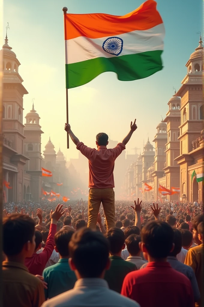 An image was created that showed many people celebrating Independence Day and hoisting the Indian flag at historical places and schools in India.