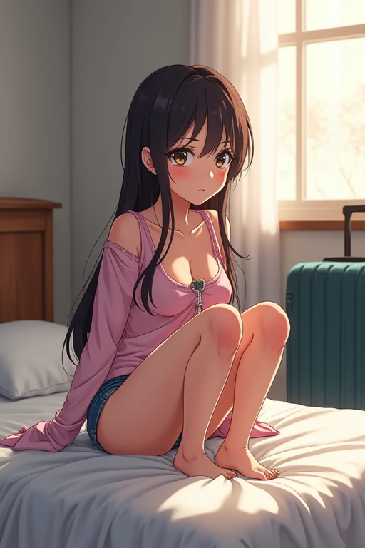 Japanese cartoons girl sitting on a bed with a suitcase in the background, the Japanese cartoons girl is crouching, Actress 👀 :8, beautiful Japanese cartoons girl squatting, From Girl Front, seductive Japanese cartoons girl, female Japanese cartoons character, Japanese cartoons. Soft lighting, 4k Japanese cartoons wallpaper, guweiz on pixiv artstation, badass Japanese cartoons 8 k, return