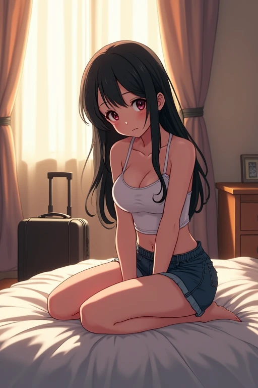 Japanese cartoons girl sitting on a bed with a suitcase in the background, the Japanese cartoons girl is crouching, Actress 👀 :8, beautiful Japanese cartoons girl squatting, From Girl Front, seductive Japanese cartoons girl, female Japanese cartoons character, Japanese cartoons. Soft lighting, 4k Japanese cartoons wallpaper, guweiz on pixiv artstation, badass Japanese cartoons 8 k, return