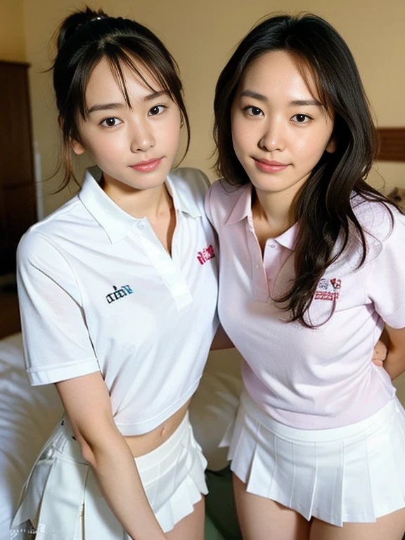 (Masterpiece, Best quality: 1.3), (Ultra realistic, Photo-realistic: 1.2), Natural light, 28 years old actress, Japanese women, Neat and clean, (White tennis uniform, White short-sleeve polo shirt:1.2), (unbutton:1.3), (White tennis skirt:1.2), white sock, (Ponytail: 1.2), (Beautiful face), Oval face, clear, Beautiful eyes, Kind eyes, Clear skin, Small face, Beautiful mouth, Small mouth, Natural makeup, Approachable, (nsfw:1.2), Seductive smile, (Seductive pose: 1.3), (Beautiful thighs: 1.1), (Bedroom eyes: 1.2), Embarrassed, Blush, Luxury hotel Suite room, On bed, Hidden camera installed in suite room captures obscene reality of girls high school, lesbian couple , petting together, grabbing crotch, erotic hag,