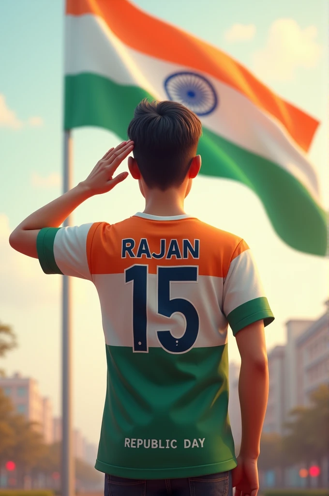  A 21 years old boy salutes the national flag of Bharat and he is wearing a shirt print is like Bharat flag and ” RAJAN ” and 15 number and republic day in small written on it’s back in big and bold fonts, 3d illustration.