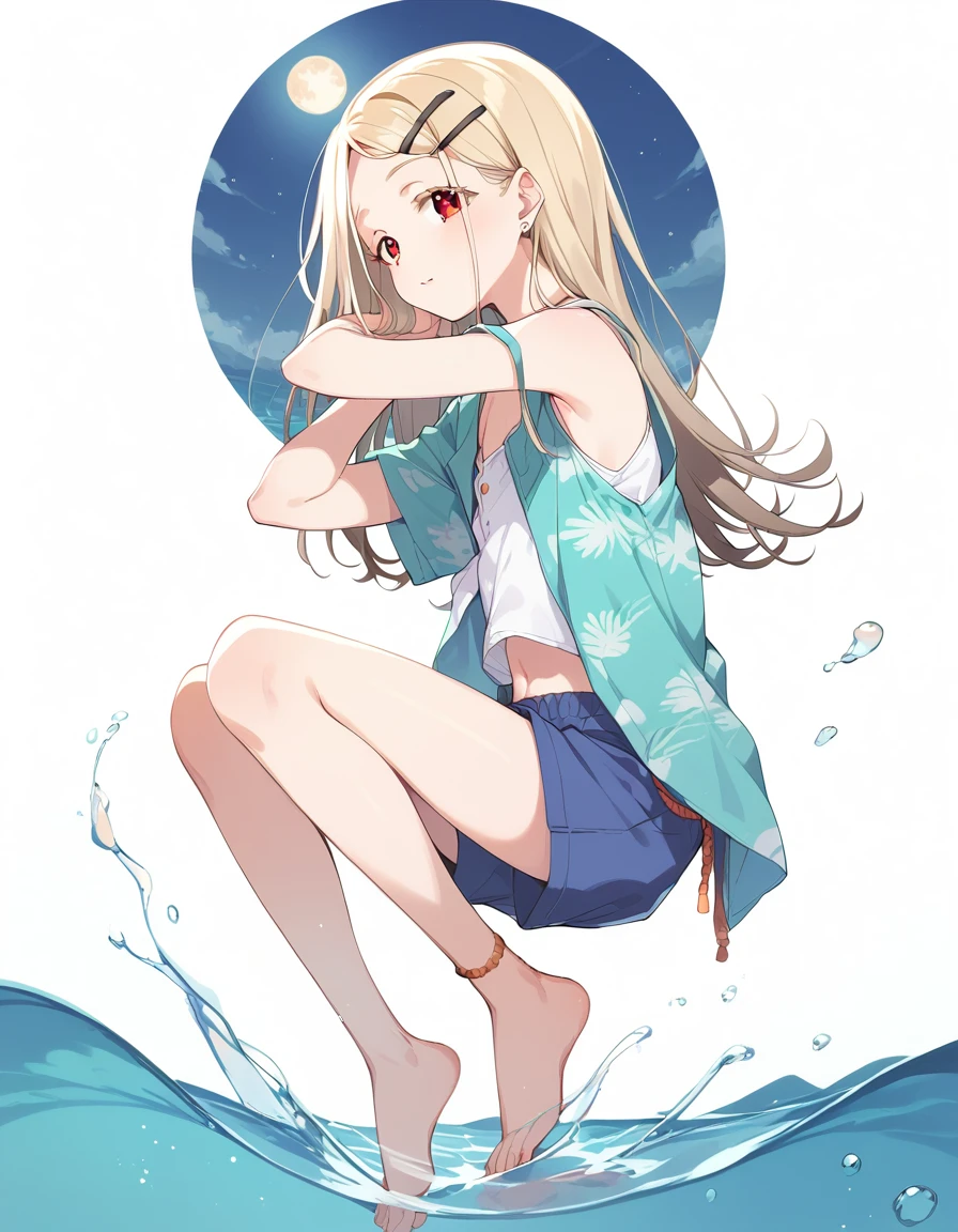 1girl,shinosawa hiro,slender,orange eyes,blonde hair,long hair,hairclip,white background,flat chest BREAK aloha shirt,tanktop,open shirt,from side,water,night,moon,full body,