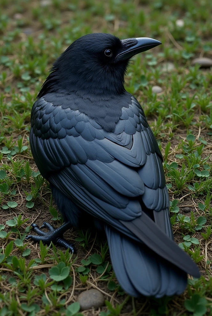 realistic crow laying up, high angle, laying on flattened grass