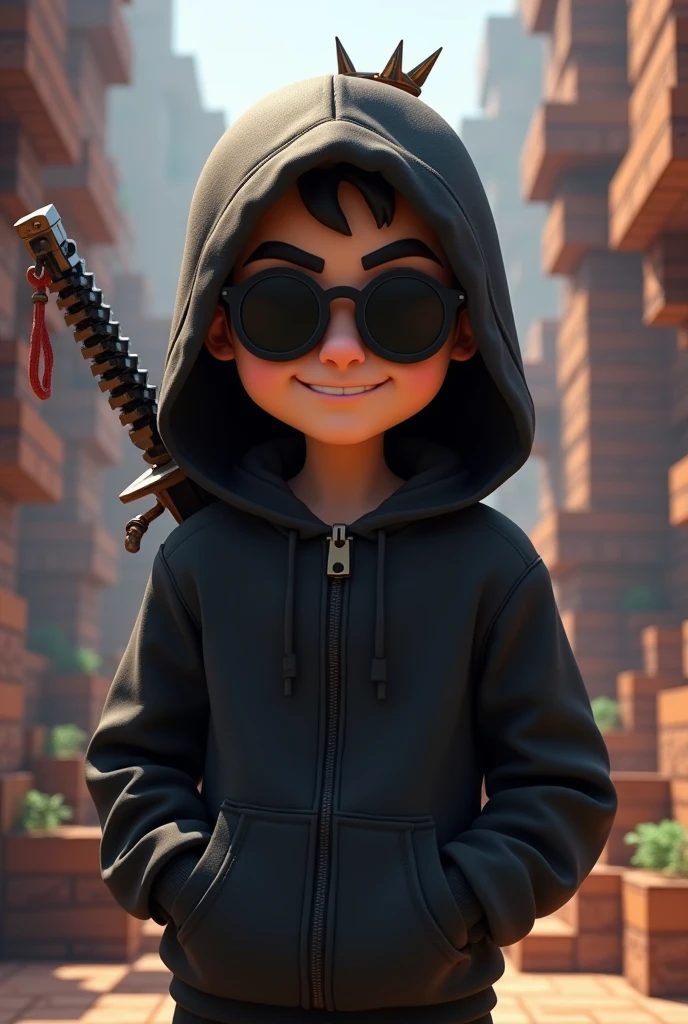 Make a realistic cartoon character with ( black hoddie) wearing crown round black shade glasses & holding katana in back with smiling (in Minecraft version) 

 