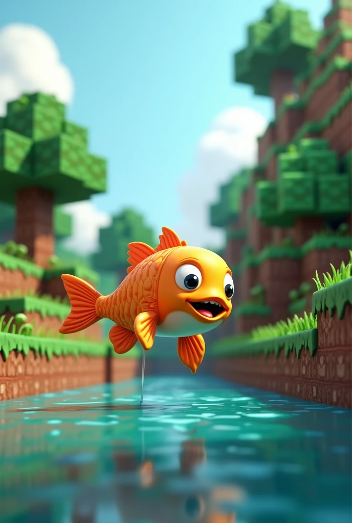A fish playing minecraft in computer, cartoon, 3d