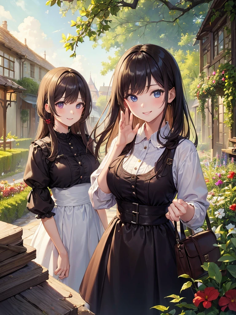(masterpiece:1.5),(Beat quality),(high res),2girls,beautiful face,smile(shining eyes),upper body,light effects,A plainclothes woman and her sister,garden