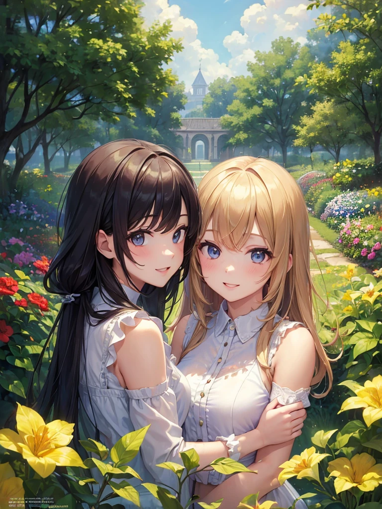 (masterpiece:1.5),(Beat quality),(high res),2girls,beautiful face,smile(shining eyes),upper body,light effects,A plainclothes woman and her sister,garden