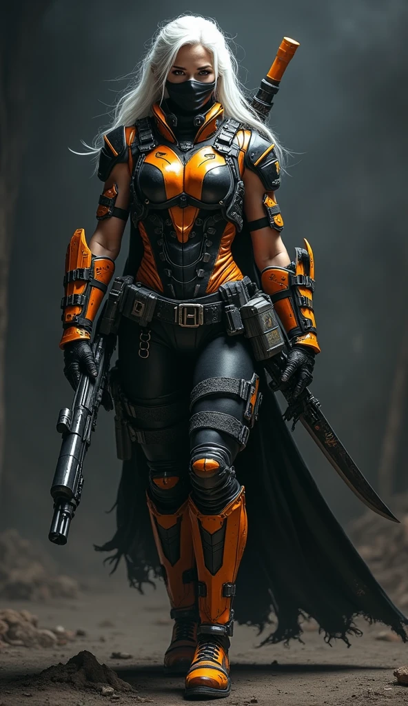 (wide Shot)A woman dressed like “Deathstroke” from Batman,white long hair, in a black and orange symetric tactical armor suit. The suit is made of Kevlar and ballistic plates and features numerous pockets and holsters for their weapons. She wears a half black, half orange full mask,which covers the whole face except for one eye . She is armed with a long sword with a tight Blade, 1 modified assault rifle, a pistol and explosives. Her arms and legs are protected by additional pieces of armor and she wears heavy boots and armored gloves. The scene is dark and intense, emphasizing her menacing and intimidating appearance. --ar 9:16 --stylize 750 --v 6 --chaos 25,(masterpiece, sidelighting, finely detailed beautiful eyes: 1.2), hdr, realistic, high definition, 