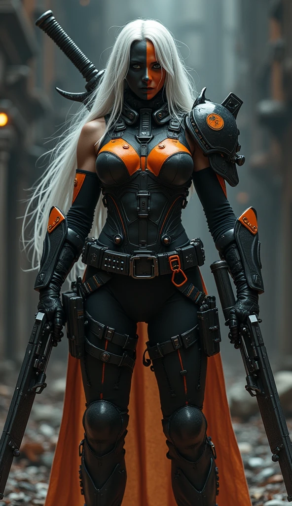 (wide Shot)A woman dressed like “Deathstroke” from Batman,white long hair, in a black and orange symetric tactical armor suit. The suit is made of Kevlar and ballistic plates and features numerous pockets and holsters for their weapons. She wears a half black, half orange full mask,which covers the whole face except for one eye . She is armed with a long sword with a tight Blade, 1 modified assault rifle, a pistol and explosives. Her arms and legs are protected by additional pieces of armor and she wears heavy boots and armored gloves. The scene is dark and intense, emphasizing her menacing and intimidating appearance. --ar 9:16 --stylize 750 --v 6 --chaos 25,(masterpiece, sidelighting, finely detailed beautiful eyes: 1.2), hdr, realistic, high definition, 
