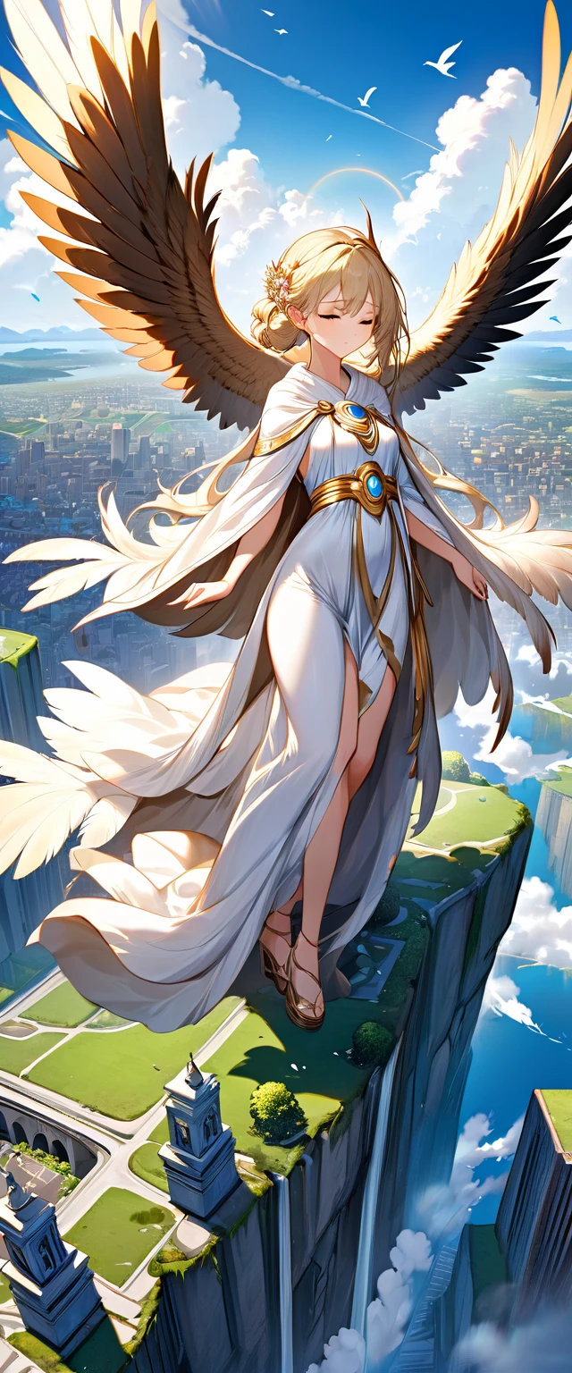 best quality, super fine, 16k, incredibly absurdres, extremely detailed, 2.5D, delicate and dynamic depiction, goddess looking down from the sky, compassionate expression, feathered robes, rating_safe, devastated land and city, magnificent view:1.5
