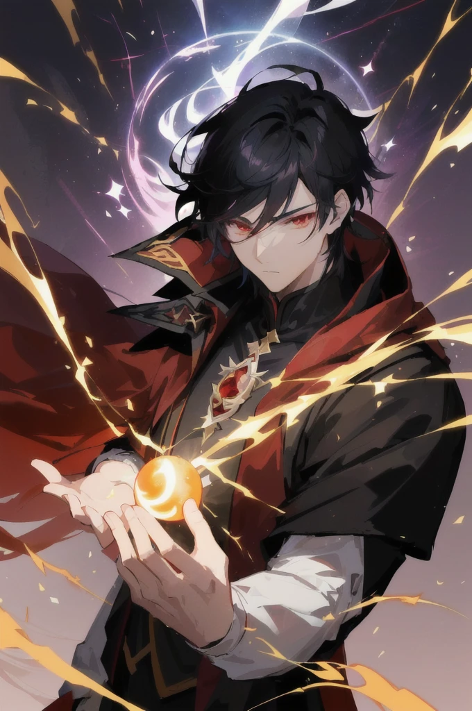 anime - style image of a male character holding a glowing orb, evil male sorcerer, keqing from genshin impact, zhongli from genshin impact, black - haired mage, genshin impact character, heise jinyao, portrait of a red sorcerer, he is casting a lighting spell, young shadow mage male