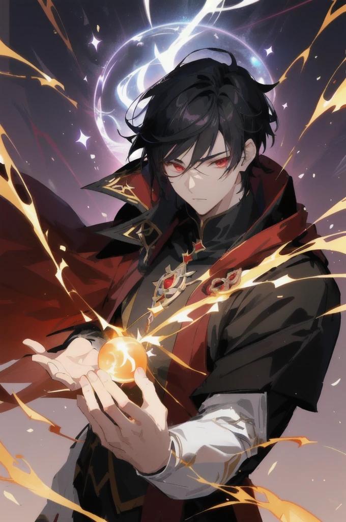 anime - style image of a male character holding a glowing orb, evil male sorcerer, keqing from genshin impact, zhongli from genshin impact, black - haired mage, genshin impact character, heise jinyao, portrait of a red sorcerer, he is casting a lighting spell, young shadow mage male