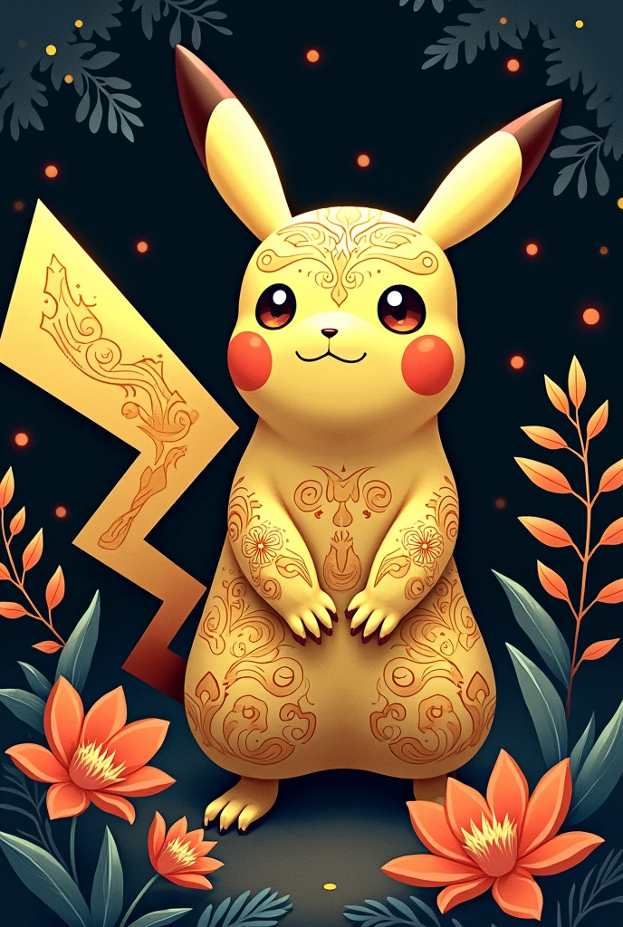 depicts Pikachu, a character from the Pokémon franchise. In this illustration, Pikachu has very intricate and stylish details, with floral motifs and tribal designs on its body, ears and tail. The character is surrounded by various decorative flowers and leaves that complement the overall aesthetic. The background of the image has a dark feel with touches of glowing orange elements, resembling fire or plants