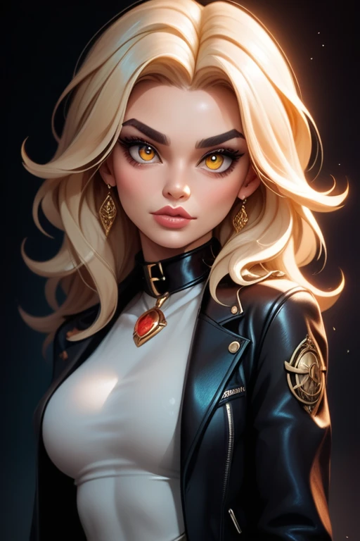 Tall and slender busty woman; medium shoulder length, black iridescent hair; fit, dainty body; amber-golden eyes; sharp jaw, siren eyes, full lips, full eyebrows, greek nose; best quality; trending on artstation; complex volumetric lighting; strong shadows; artistic lighting; dynamic; energetic vibe; realistic skin; specular highlights; micro-textures; highly detailed hair; wearing a black leather jacket; French