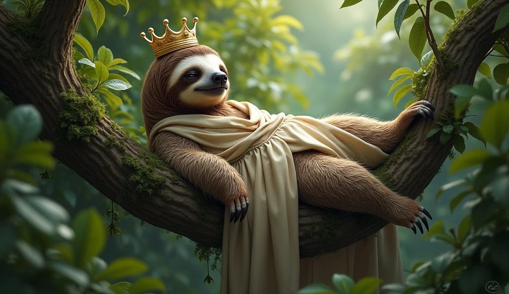 It's quite a sight, a lazy and regal creature up in a tree, surrounded by lush foliage. A sloth, its robe a loose garment of fine make, gazes sleepily at the side with a relaxed smile. In a precarious balance, a crown hangs atop its head, looking like it might slip off at any moment.