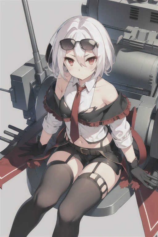 Vittorio_Veneto \(warship girls r\),((masterpiece)),(((best quality))),((ultra-detailed)),((illustration)),((disheveled hair)),((frills)),(1 girl),(solo),1girl, bangs, bare shoulders, belt, black legwear, black shorts, black skirt, blush, breasts, broken, cannon, closed mouth, collarbone, covering, damaged, glasses, gloves, gradient, hand between legs, kneeling, long hair, long sleeves, looking at viewer, machinery, navel, necktie, off shoulder, red eyes, ribbon, rigging, shirt, short hair, shorts, sitting, skirt, small breasts, smoke, smokestack, solo, star \(symbol\), sunglasses, thighhighs, torn clothes, torn legwear, torn shirt, torn skirt, turret, very long hair, white hair, white shirt