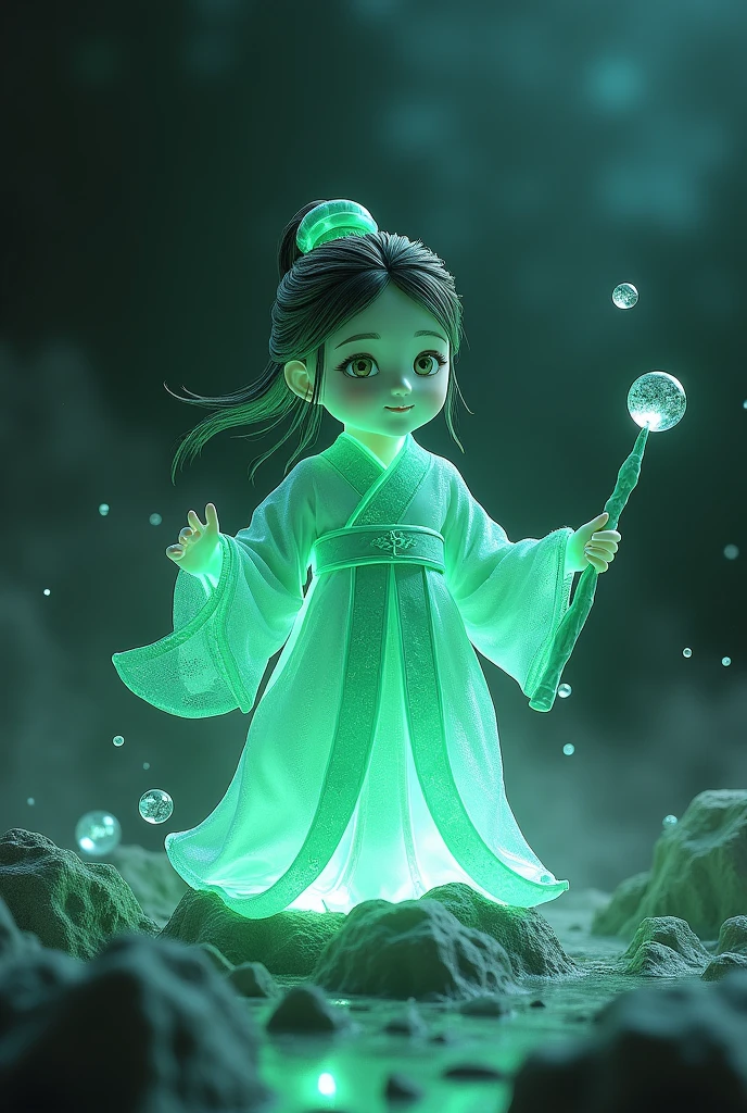 Jade fragment,luminescent,1 girl,。(best quality,4K,8K,high resolution,masterpiece:1.2), (Practical,Reality,Photo-real:1.37).,shining,Beautifully,monster,Unreal Engine 5,texture,Three-dimensional figures wearing Hanfu,Minimalism and abstract illustration, Chinese ink painting style, Chinese rice paper texture, Light penetrates the air, Fractal effect, Phosphorescent scene effects