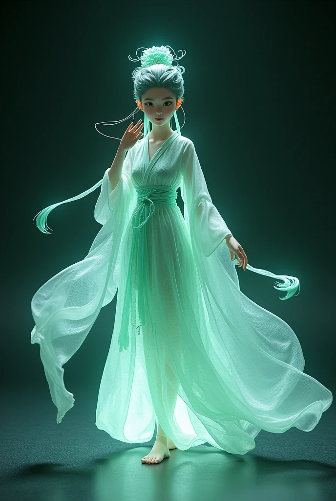 Jade fragment,luminescent,1 girl,。(best quality,4K,8K,high resolution,masterpiece:1.2), (Practical,Reality,Photo-real:1.37).,shining,Beautifully,monster,Unreal Engine 5,texture,Three-dimensional figures wearing Hanfu,Minimalism and abstract illustration, Chinese ink painting style, Chinese rice paper texture, Light penetrates the air, Fractal effect, Phosphorescent scene effects