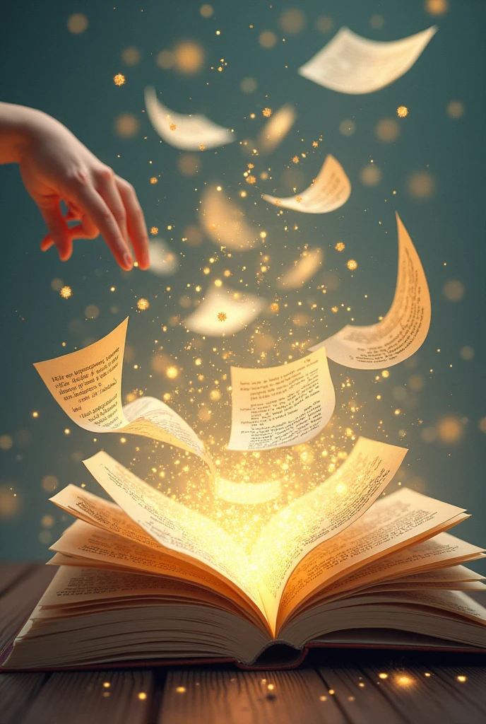 Image of an open book, with several pages flying around, all containing loose words flying with glitter and free, without chains or restrictions. No fundo, a hand extended towards the book