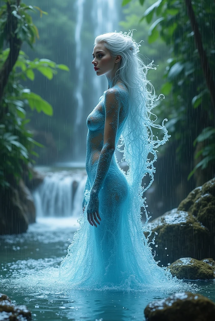 from thin streams of water, which make up a young beautiful girl. detailed eyes, detailed facial features and body contours. The waterfall is located in a tropical forest. It is raining. full length photo. This is a fantasy character. The Goddess of Water, Weightless, transparent. Face side. All her bodi is water and rocks