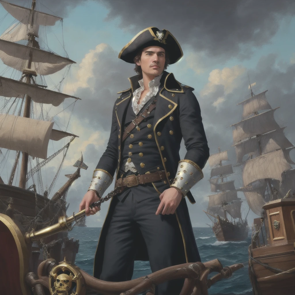 Detailed art in the form of an oil painting, painting. A man - a brunette with brown eyes and light stubble in a black pirate suit stands on the deck of a pirate ship at the helm. Instead of a right hand - a metal prosthesis. The eighteenth century is the golden age of piracy. Gloomy atmosphere.