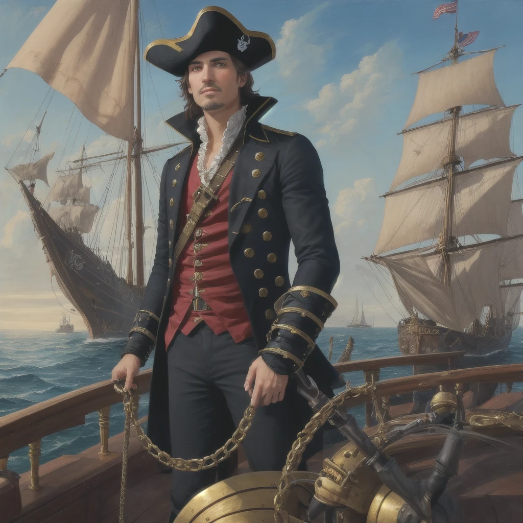 Detailed art in the form of an oil painting, painting. A man - a brunette with brown eyes and light stubble in a black pirate suit stands on the deck of a pirate ship at the helm. Instead of a right hand - a metal prosthesis. The eighteenth century is the golden age of piracy. Gloomy atmosphere.