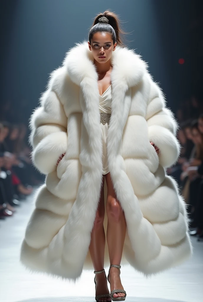 Very wide、Very thick, white mink fur coat, Thickness 100 cm, fluffy, Thick white mink fur collar, 3 floors、(Fur fashion show)、(bikini)、Nordic beauties、High ponytail、(Big Breasts 2.5)