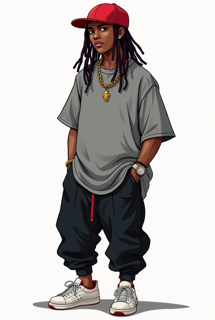 cartoon unknown character with dreadlocks wearing streetwear, red cap, gray relaxed oversize t-shirt, black relaxed fit pants, white shoes, with accessories like a watch and some chains