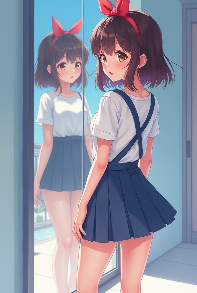 Anime girl in mini skirt standing in mirror, realistic reflection