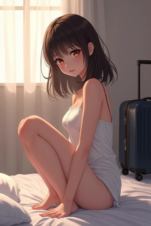 Japanese cartoons girl sitting on a bed with a suitcase in the background, the Japanese cartoons girl is crouching, Actress 👀 :8, beautiful Japanese cartoons girl squatting, From Girl Front, seductive Japanese cartoons girl, female Japanese cartoons character, Japanese cartoons. Soft lighting, 4k Japanese cartoons wallpaper, guweiz on pixiv artstation, badass Japanese cartoons 8 k, return