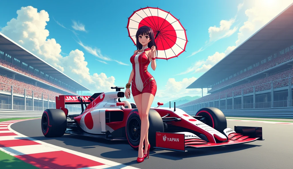 F1 race circuit. Race cars have the word JAPAN on them. A young Japanese race queen is standing in front of a race car holding a Japanese flag parasol. Her costume is separates with the word JAPAN on it. She is wearing a bangle on her arm. The background is beautiful and shining under the summer sun. Anime style. View from afar. Her beautiful legs are attractive, and her whole body from head to toe. She is wearing high heels.