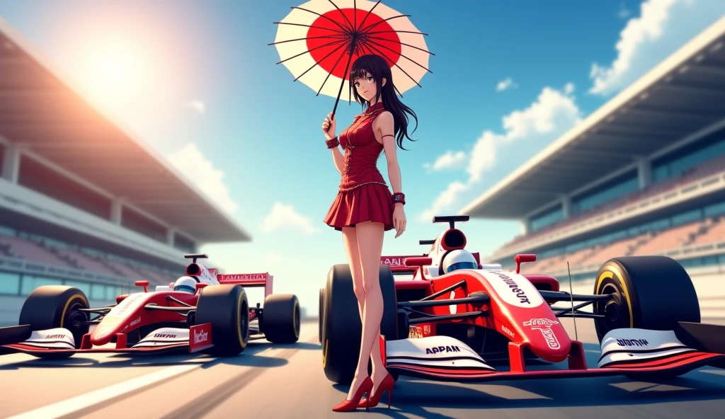 F1 race circuit. Race cars have the word JAPAN on them. A young Japanese race queen is standing in front of a race car holding a Japanese flag parasol. Her costume is separates with the word JAPAN on it. She is wearing a bangle on her arm. The background is beautiful and shining under the summer sun. Anime style. View from afar. Her beautiful legs are attractive, and her whole body from head to toe. She is wearing high heels.