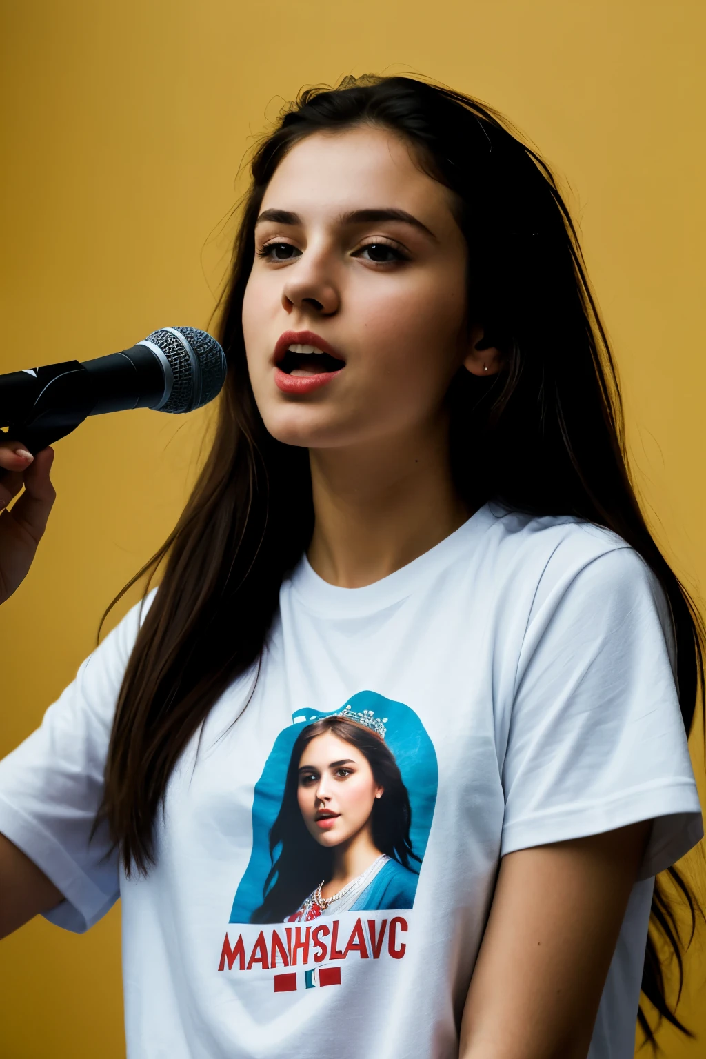((Best quality)), ((masterpiece)), (detailed), 1 girl, Slavic appearance, sings into the microphone, in a T-shirt, portrait photography