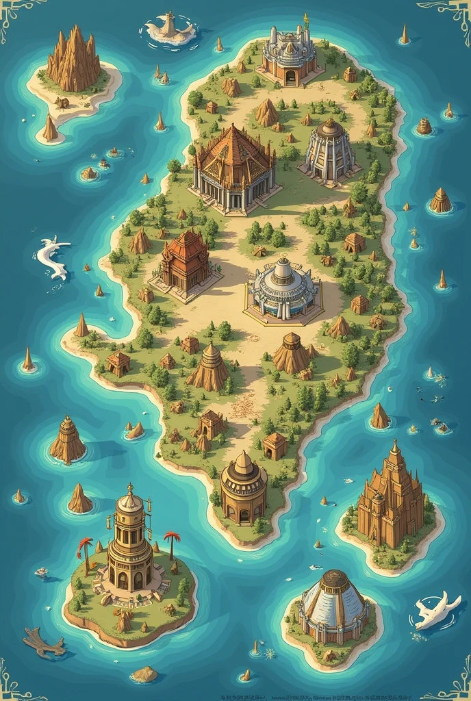create a map in the style of "avatar: the last airbender" with the following information:
Island Territories:
Northern Air Temple: It is on an island in the north of the map.. Marked in orange.
Southern Air Temple: Located on an island in the south. Marked in yellow.
Eastern Air Temple: Located on an island to the east. Marked in pink.
Western Air Temple: Located on an island in the west. Tagged in coral.
Ilha Jiyeon: An independent island to the east, que anteriormente fazia parte do Earth Kingdom. Marked in purple.
Desert Tribe: Located in a vast desert area in the southwest of the map, marked in light gray.
Sun Warriors: Uma ilha pertencente à Fire Nation, localizada perto da Desert Tribe. Marked in dark grey.
Southern Water Tribe: It is on an island at the southern end of the map.. Marked in light blue.
Northern Water Tribe: Located on an island in the far north. Marked in dark blue.
Ember Island: Pertencente à Fire Nation, located to the west. Marked in red.
Fire Nation: Located in the western part of the map and marked in red.
Earth Kingdom: It occupies a vast area in the center and east of the map., being represented by the color brown.
Swamp Tribe: Localizada em uma região pantanosa no sudeste do Earth Kingdom, marked in green.