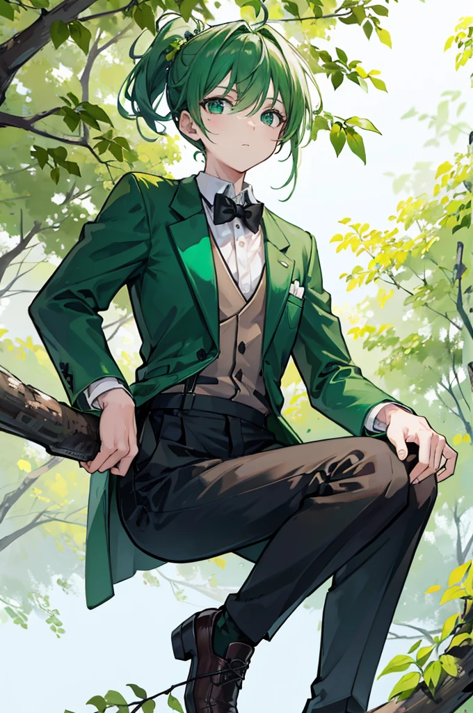 sitting on a high branch of a tree with green leaves、With a green ponytail、He was wearing a green suit jacket, a white shirt, black suspenders and black shorts.、Wearing brown boots、