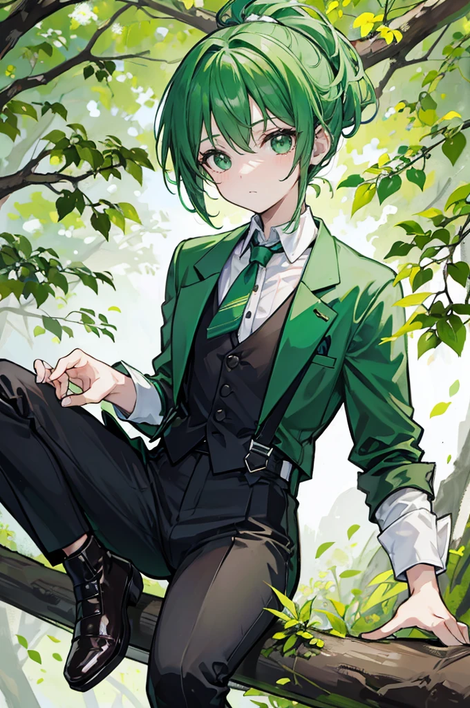 sitting on a high branch of a tree with green leaves、With a green ponytail、He was wearing a green suit jacket, a white shirt, black suspenders and black shorts.、Wearing brown boots、