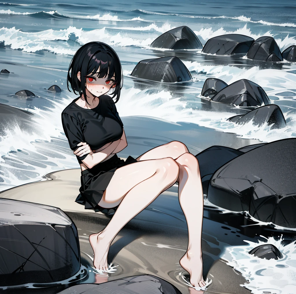 My sister has short black hair, red eyes, blushing, wearing a black bikini, big breasts, a short black skirt, blushing, crossing her arms behind her back, barefoot, by the sea, sitting under a rock, hugging her knees, sexy, strong sunlight.