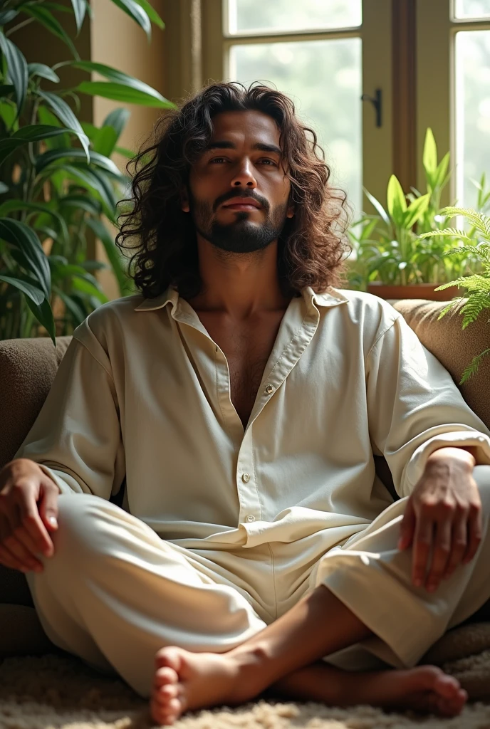 (photorealism:1.2), beautiful man, sitting on Earth, wearing loose 14 august ahmad Name shirt , pajama pants, long curly hair, indoors, soft lighting, plants in background, window with sunlight, cozy room, relaxed pose, realistic, intricate