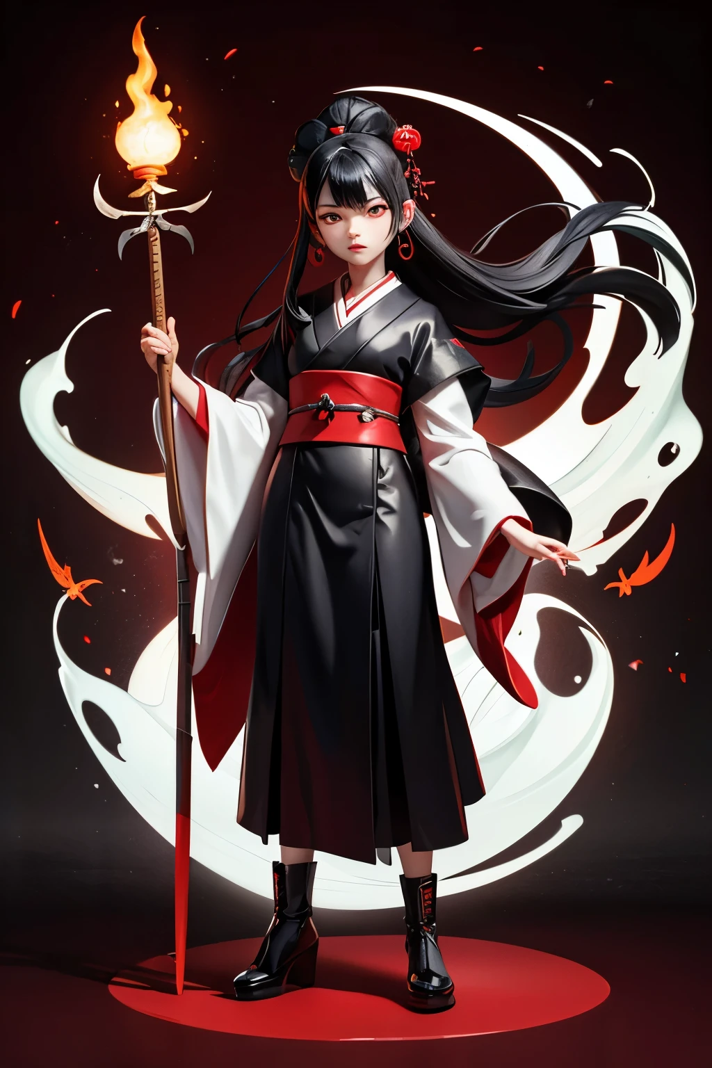 An ugly japanese feudal witch with black hair, wearing white and red robes and holding a staff