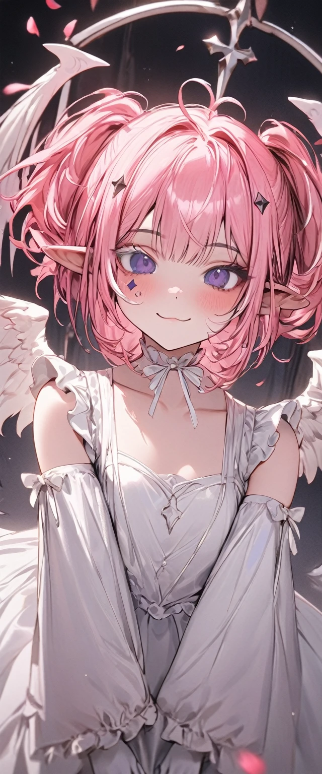 UHD, masterpiece, best quality, extremely detailed, anatomically correct, sharp focus, Midnight, gloomy atmosphere, Church, altar isle, 1girl, solo, camilavtuber, pink hair, short hair, shoulder length hair, curly hair, (white angel head wings), (twin ponytail), dark purple eyes:1.1, (facial mark), small mouth, closed mouth, smiling, crucifix choker, white arm sleeves, slim arms, white gloves, small chest, 1 angel wing, single wing, ((long white gown)), frilly gown, slim legs, white stockings, (white high heels), ((full body)) , (close-up), innocent pose, eye-level shot, front view, innocent pose, scattered pink petals